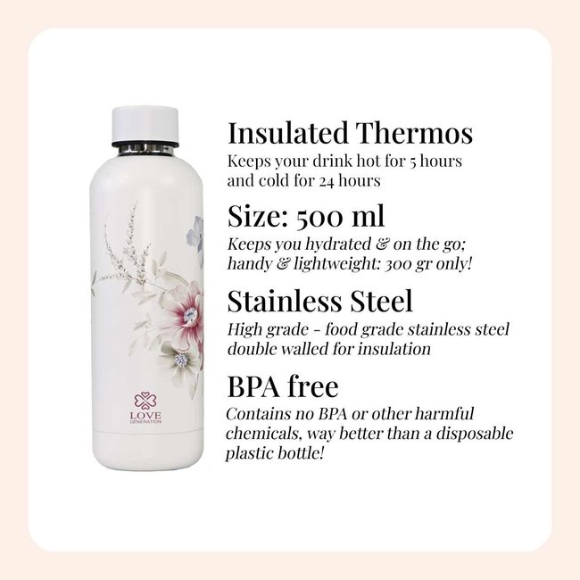 Wasserflasche - Trinkflasche - 500 ml - Isoliert - Wonderful White Flowers