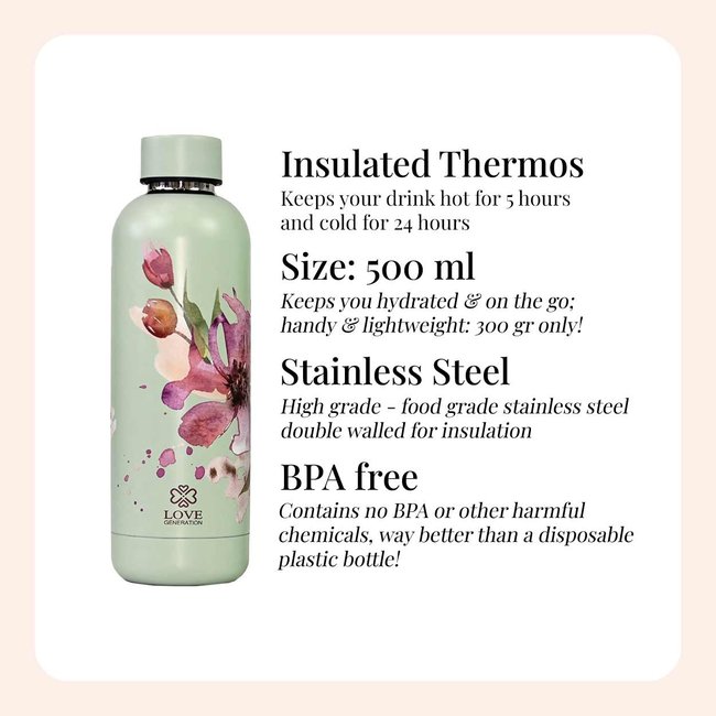 Waterfles - Drinkfles - 500 ml - Thermos - Serene Sage Flowers