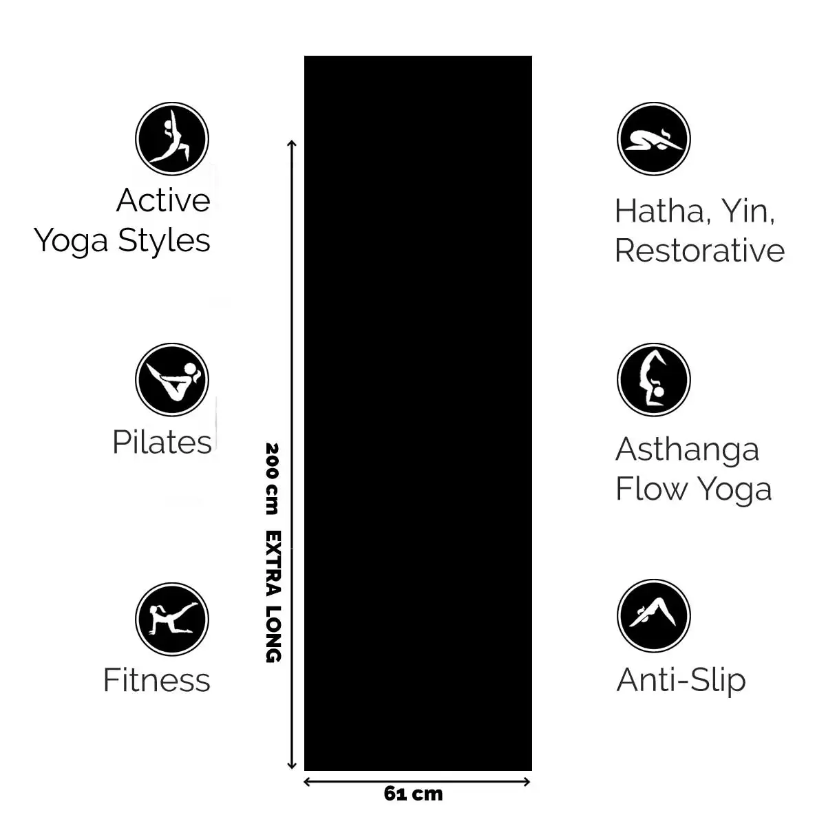 SAPURA Yogamat 2 m, natuurlijk rubber, extra lang, 2 meter, natuurlijk rubber, zwart
