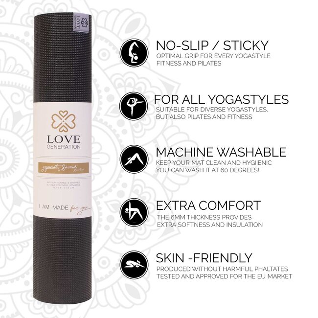Sacred Yogamat │Extra Dik │Zwart met Gouden Print