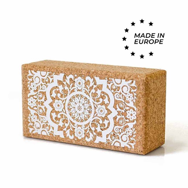 Eko Yogablock | Kork  | Made in EU | Weißer Mandala-druck