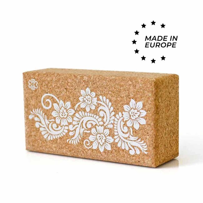 Eko Yogablock | Kork  | Made in EU | Weißer Blumendruck