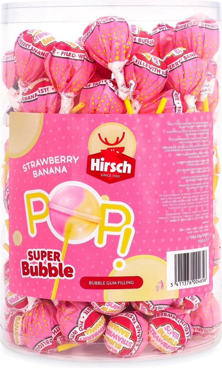 Hirsch lolly 100x17gr super bubble strawberry banana