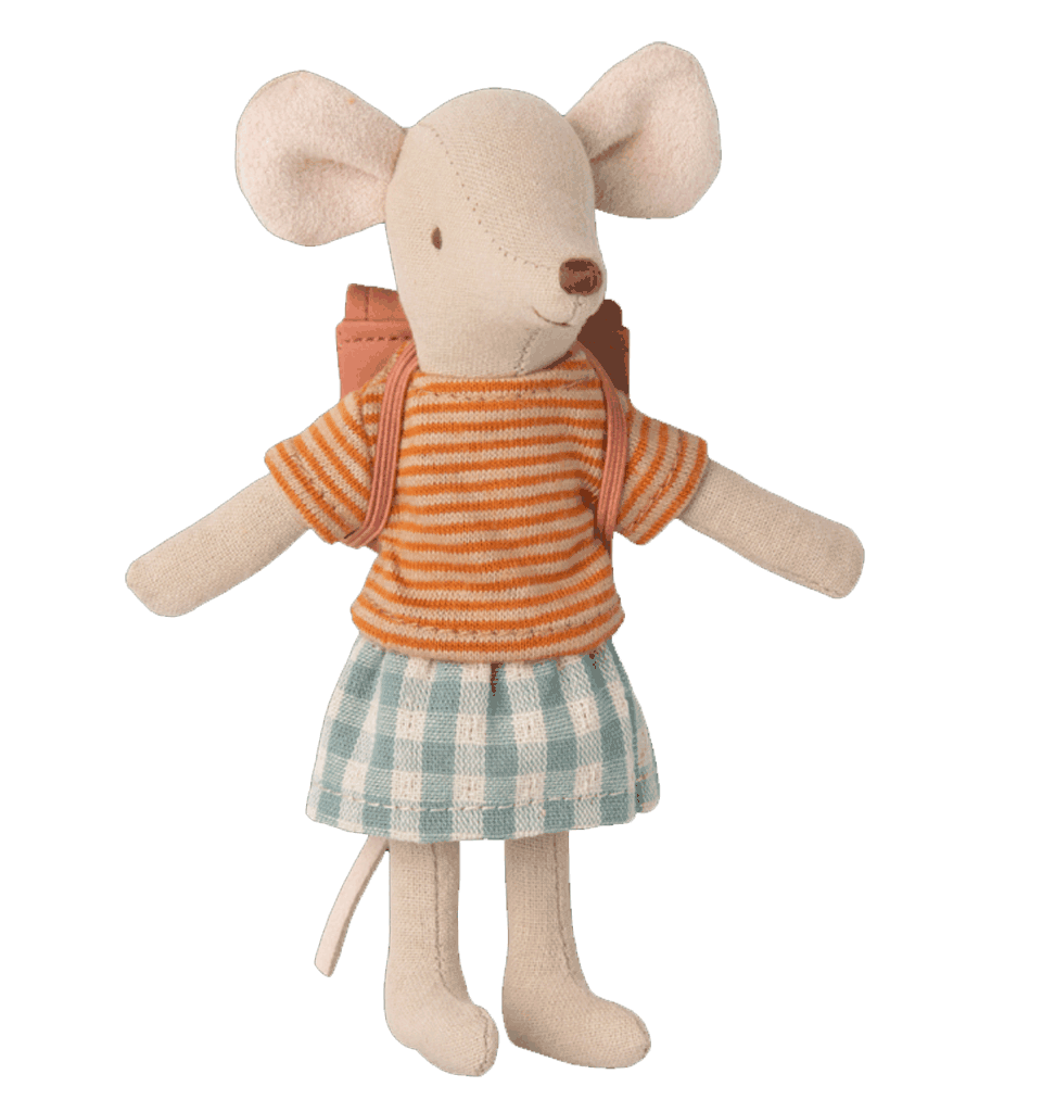 Maileg Maileg Big Sister tricycle mouse with bag / old rose
