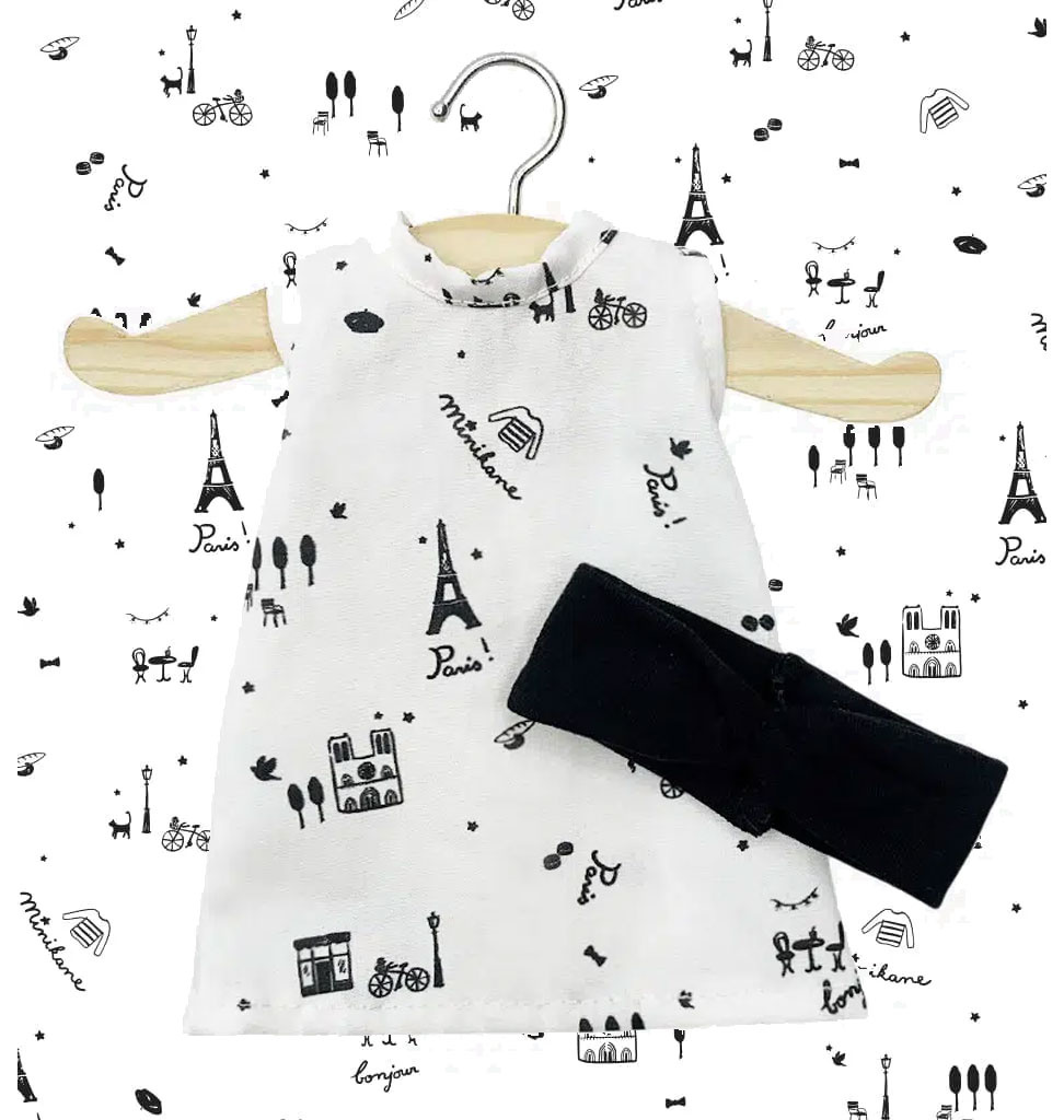Minikane  Minikane Amigas / IVA Kleid mit Paris-Print + schwarzes Haarband