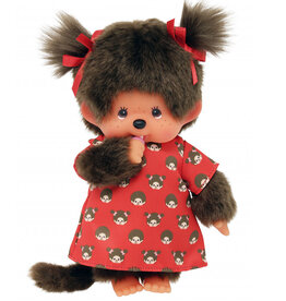 Monchhichi meisje rood jurkje en strikjes