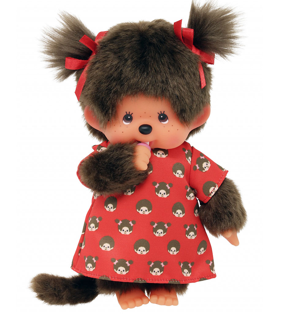Monchhichi meisje rood jurkje en strikjes