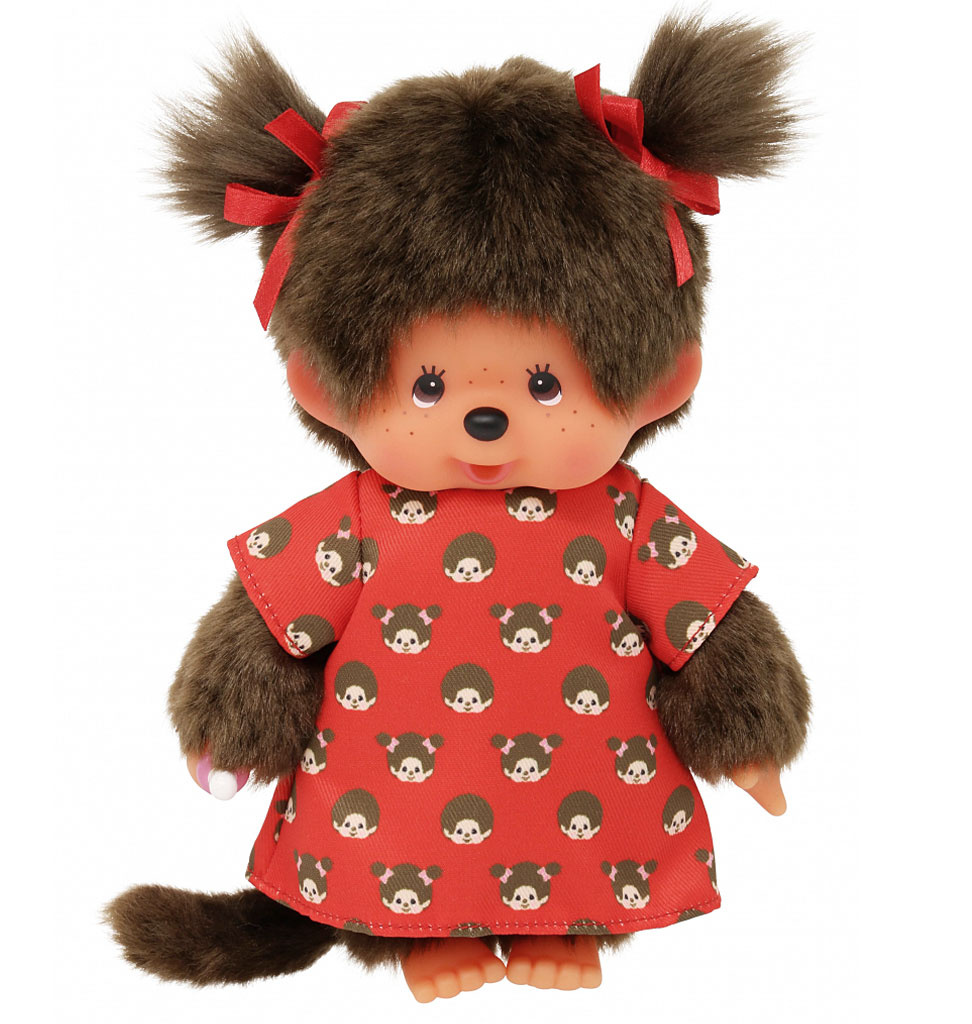 Monchhichi meisje rood jurkje en strikjes