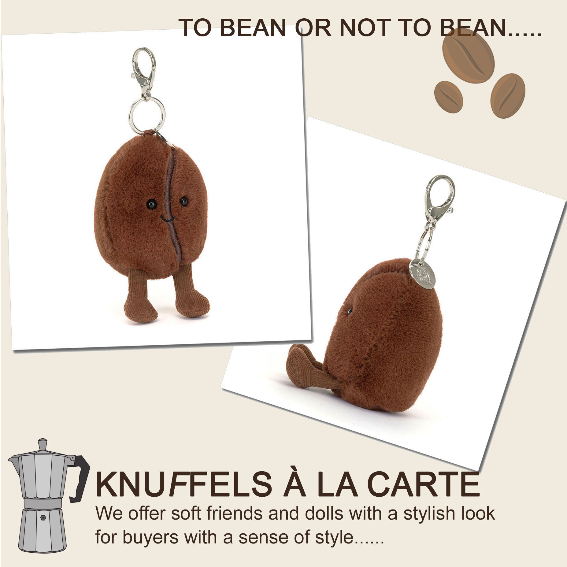 Jellycat knuffels Jellycat Amuseables Coffee Bean Taschenanhänger / Anhänger / Schlüsselanhänger / Taschenhänger