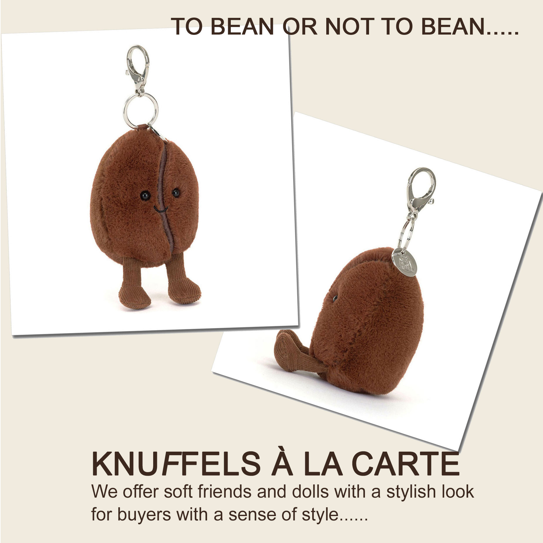Jellycat knuffels Jellycat Amuseables Coffee Bean Taschenanhänger / Anhänger / Schlüsselanhänger / Taschenhänger