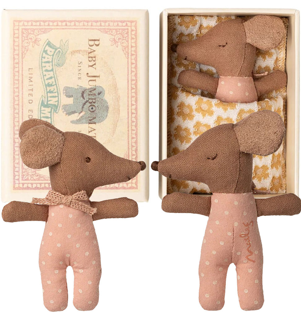 Maileg Maileg Sleepy wakey baby mouse girl in matchbox with bedding