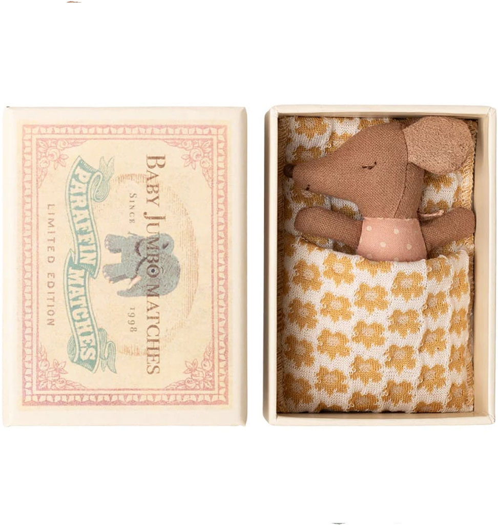 Maileg Maileg Sleepy wakey baby mouse girl in matchbox with bedding