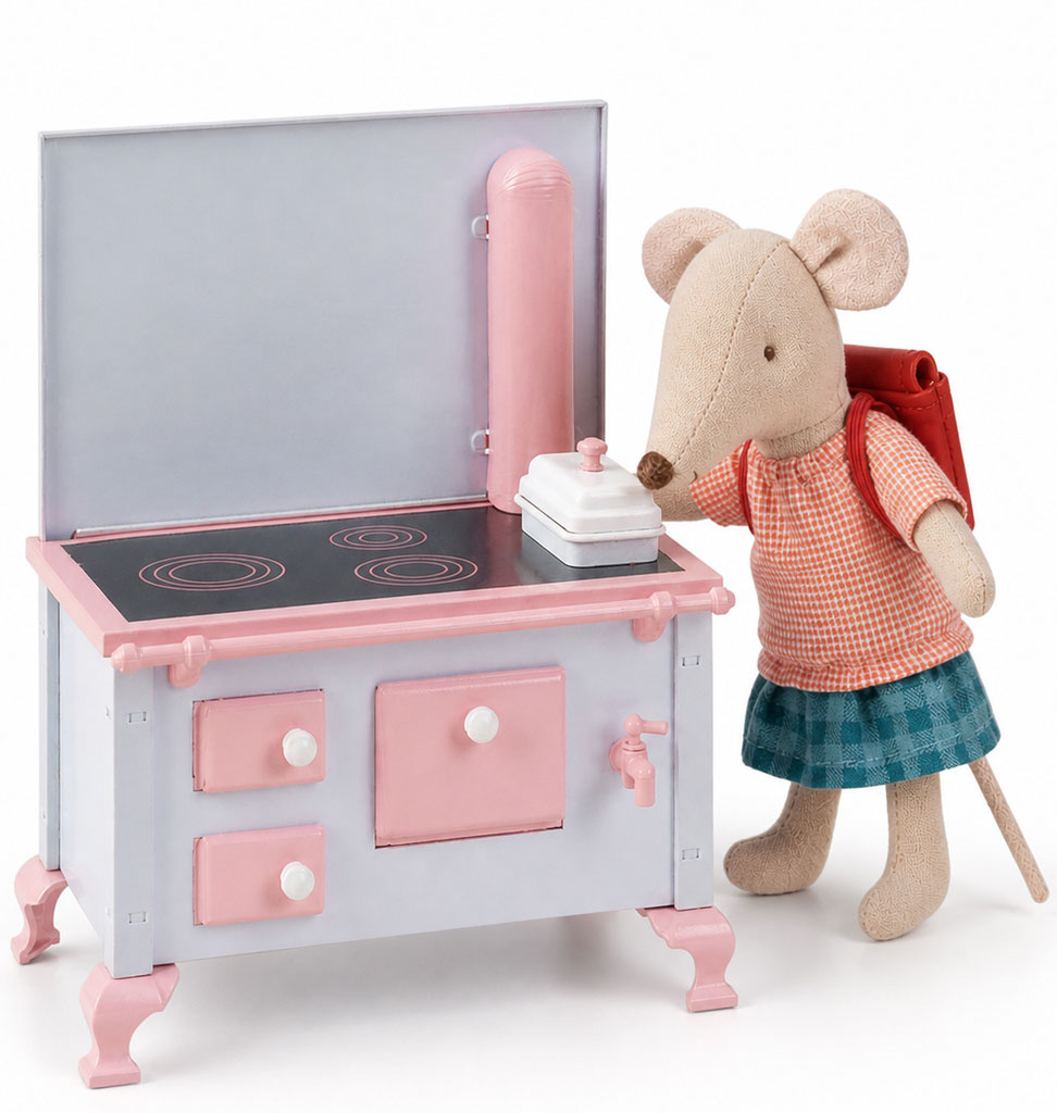 Miniaturherd mit Backofen für das Mäusehaus / Puppenhaus / rosa/weiß