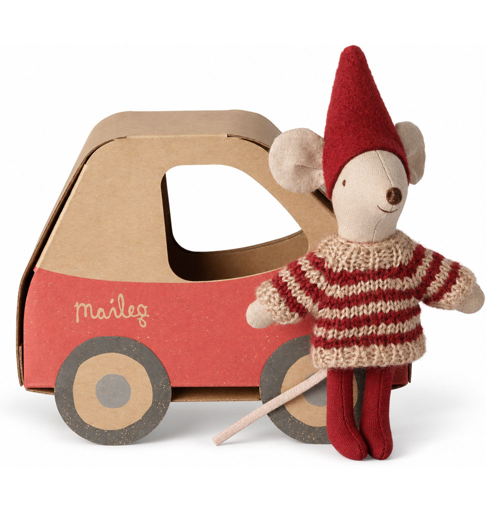 Maileg Maileg Little Sister Christmas mouse with car