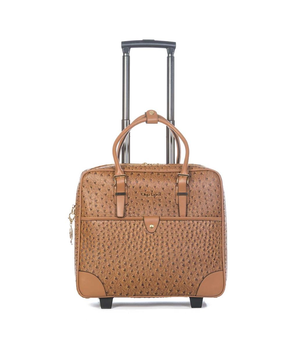 Olivia Lauren Olivia Lauren Kiara Cognac – Stijlvolle dames laptoptrolley 17 inch struisvogel print