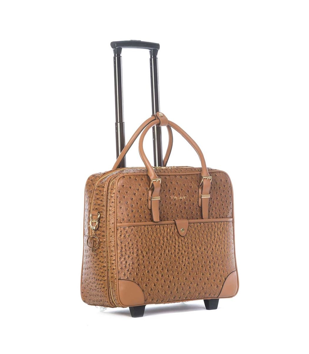Olivia Lauren Olivia Lauren Kiara Cognac – Stijlvolle dames laptoptrolley 17 inch struisvogel print
