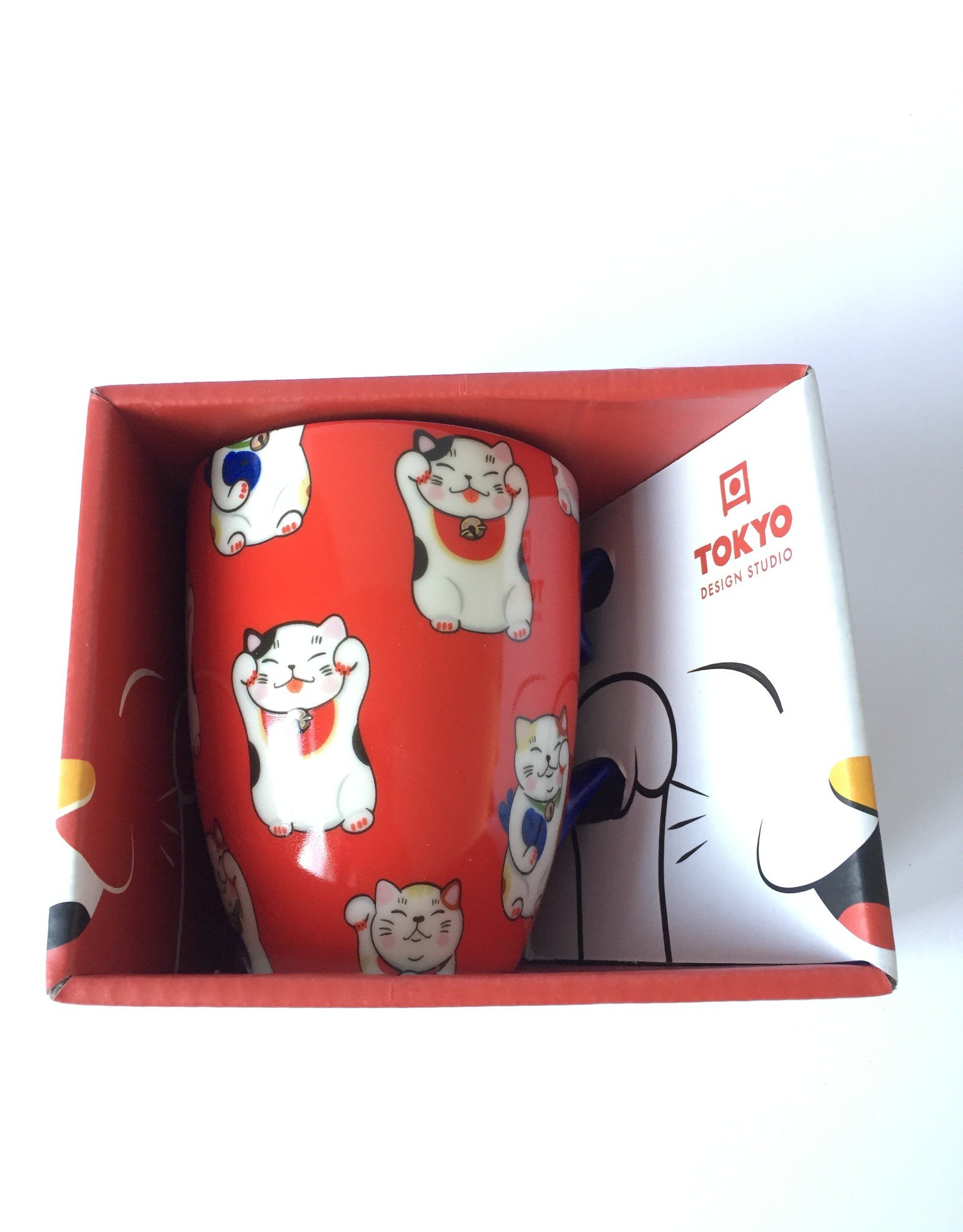 Kawaii Lucky Cat kopje in geschenkdoos (Rood)