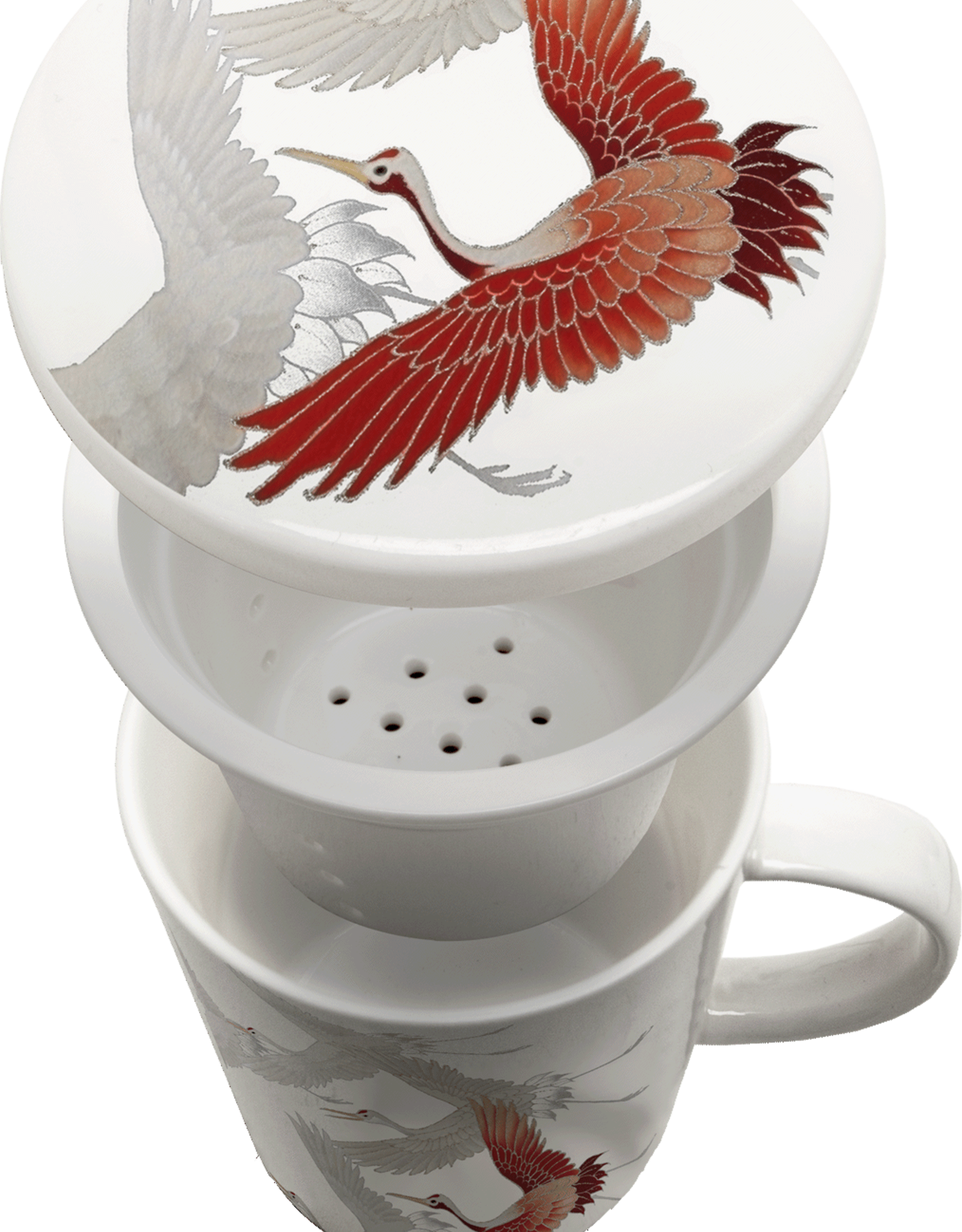 White tea cup with crane bird in gift box