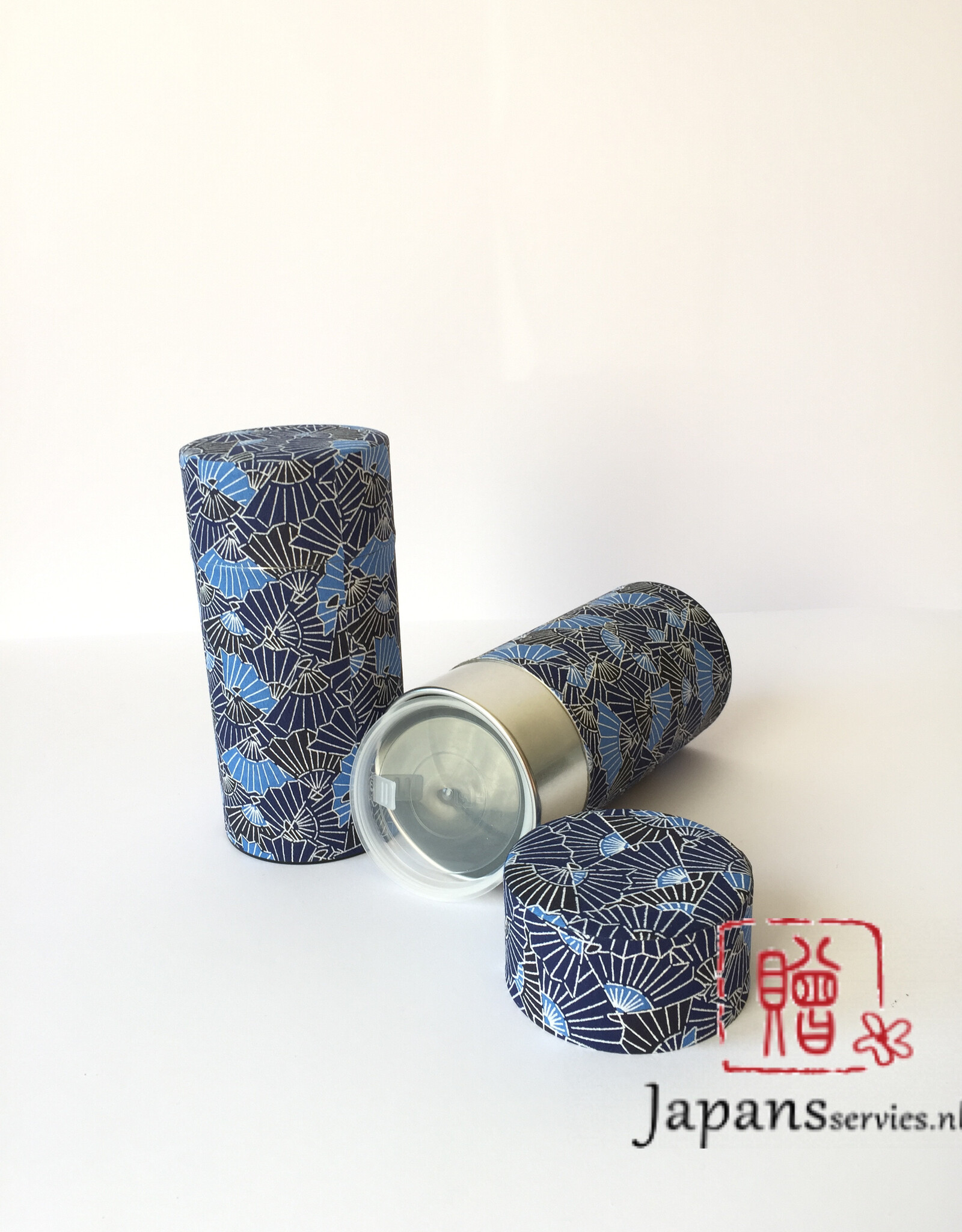 Tokyo Design Studio Japanese tea tin washi paper blue fans