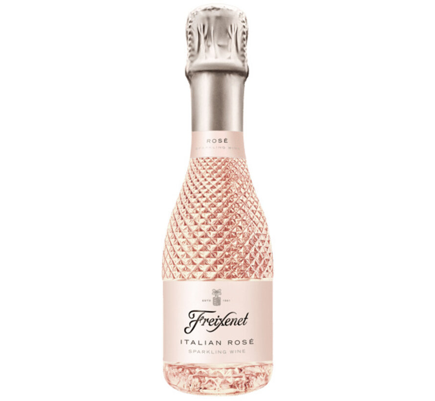 Mini flesje prosecco Freixenet Rose in folie met een gepersonaliseerd A7 kaartje