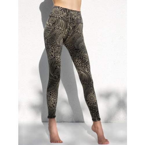 Mandala Print Yoga Pants, Brown Leggings With Gold Mandala Print