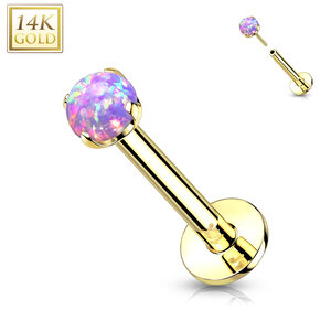 14K Gold Threadless Push-in Labret Pink Opal Purple Diamond