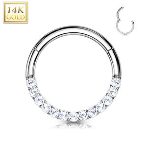 14Kt. White Gold CZ Paved half Circle Hinged Hoop Rings for Nose Septum, Daith and More Dia 1.1 cm