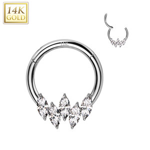 14K White Gold Three Marquise CZ with Round CZ Hinged Hoop Rings for Nose Septum, Daith, and More Dia 1.2cm