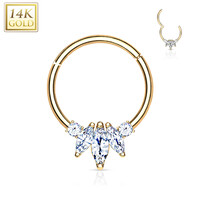 14K Gold Three Marquise CZ with Round CZ Hinged Hoop Rings for Nose Septum, Daith, and More Dia 0.8mm