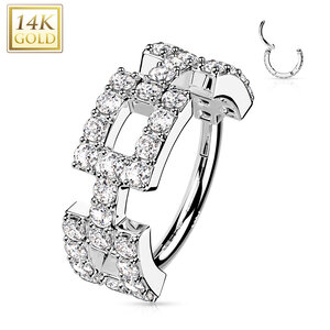 14K White Gold Hinged Segment Hoop Ring with Side Facing CZ Paved Square Dia 1.2cm