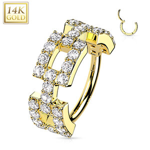 14K Gold Hinged Segment Hoop Ring with Side Facing CZ Paved Square Dia 1.2cm