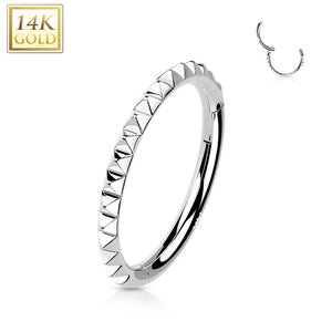 14K White Gold Hinged Segment Hoop Ring with Side Facing Pyramid Cut Dia 1cm