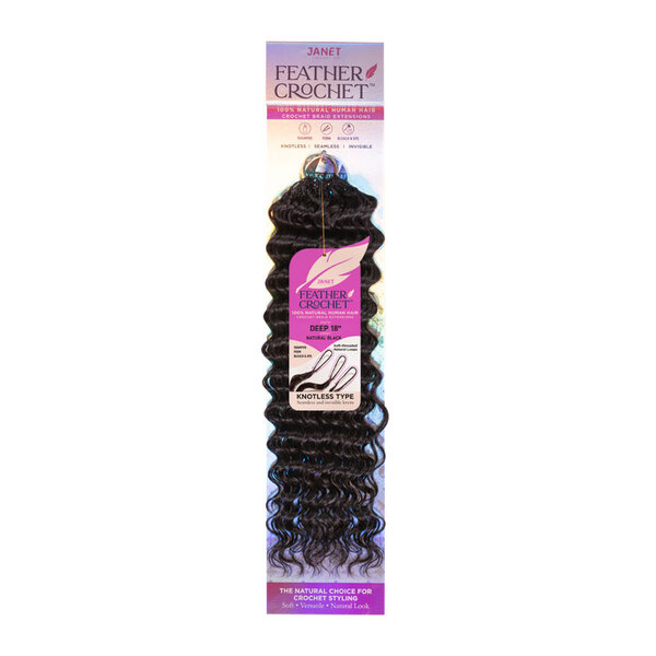 Janet Collection Janet Collection HH Feather Crochet Deep Wave 18 inch – 100% Natural Human Hair Crochet Extensions | Knotless Design | Shampoo, Perm, Bleach & Dye Friendly