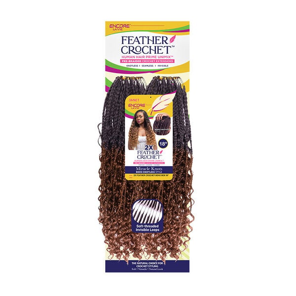 Janet Collection Janet Collection Encore Lavie 2X Feather Crochet Boho Box 18 inch – Human Hair Prime Unimix™ | Pre-Braided | Miracle Knots | Boho Knotless Style