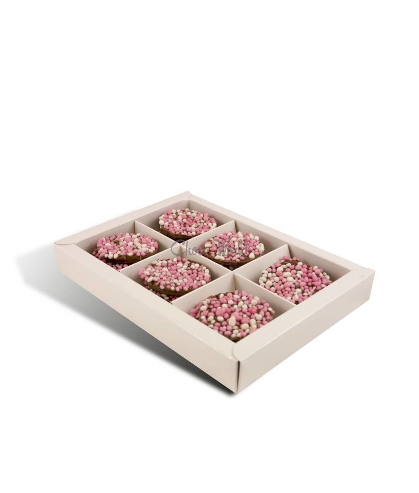 Chocolaterie Vink Geboorte flikken met roze muisjes