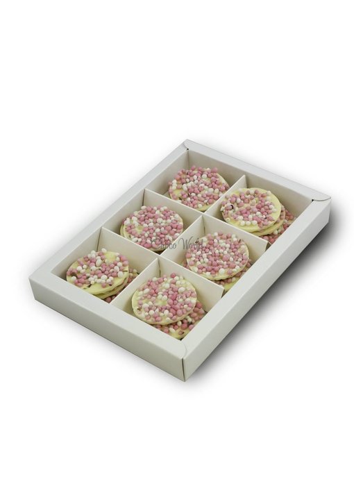 Chocolaterie Vink Geboorte flikken wit met roze muisjes