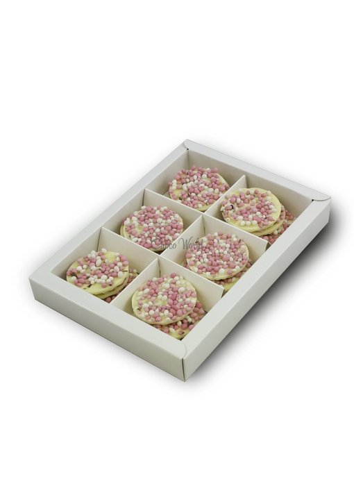 Chocolaterie Vink Geboorte flikken wit met roze muisjes