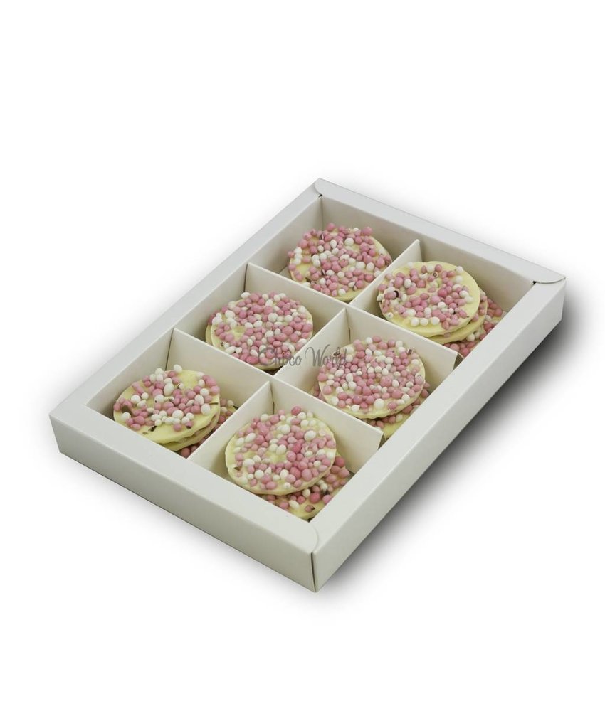 Chocolaterie Vink Geboorte flikken wit met roze muisjes