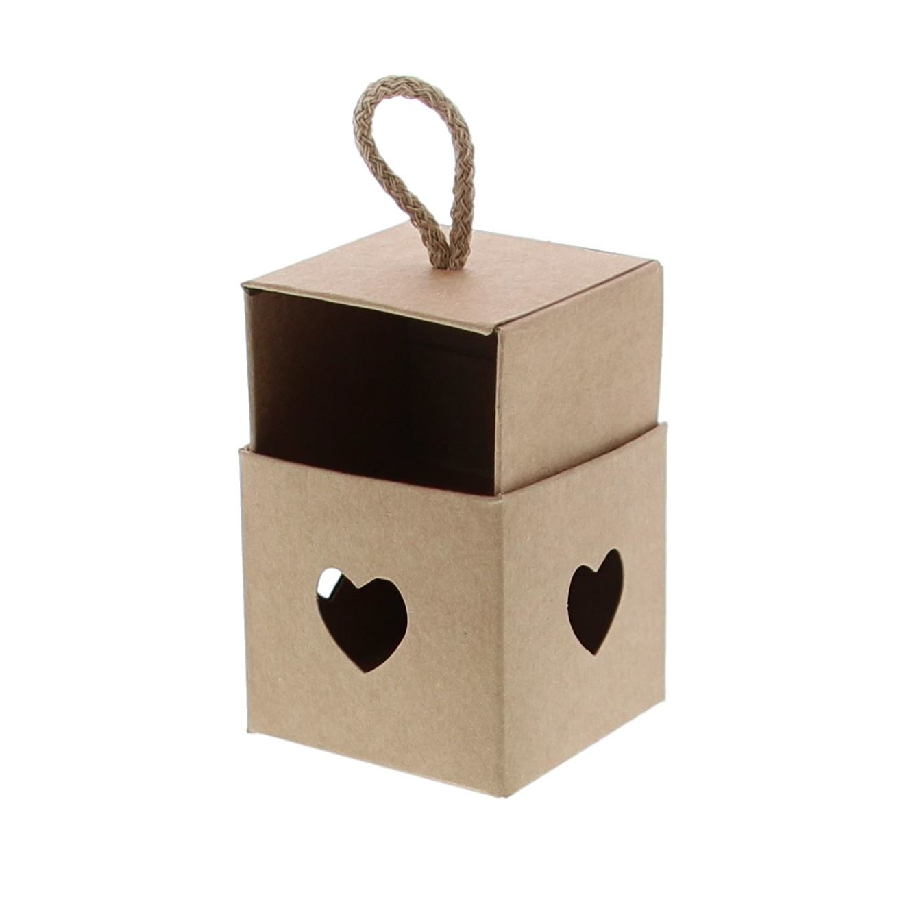 "Avana" Hearts insertion cube with cord (kraft) - 50*50*50mm - 100 pieces