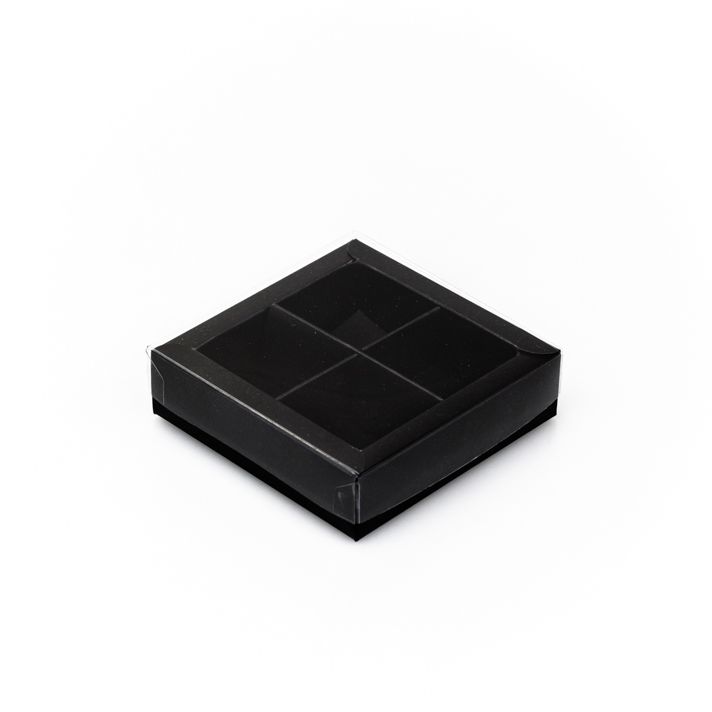 Black square window box with interior for 4 chocolates - 75*75*25 mm - 30 pieces