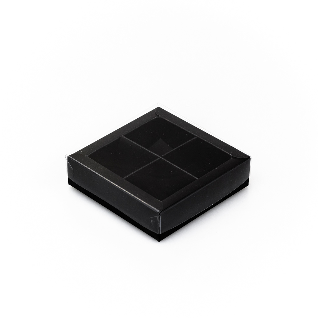 Schwarz Quadrat Klarsichtschachtel für 4 Pralinen - 75*75*25 mm - 30 Stück