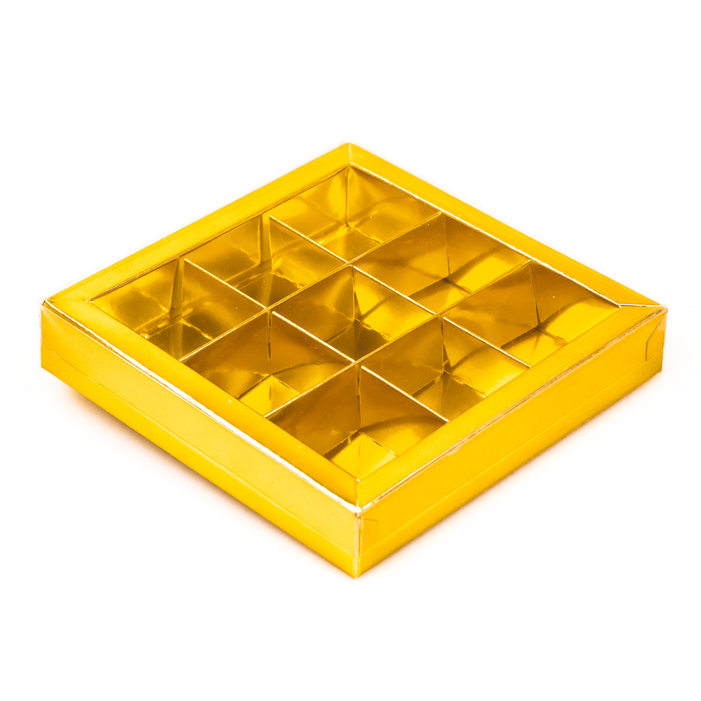 Gold Quadrat Klarsichtschachtel für 9 Pralinen - 48 Stück