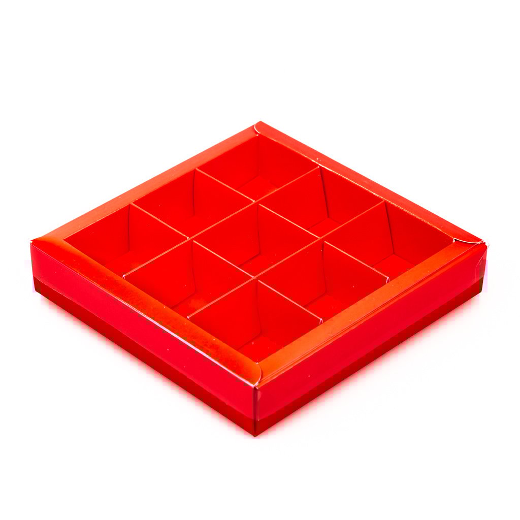 Boîte rouge carré avec interiéur pour 9 pralines - 115*115*25mm - 48 pièces