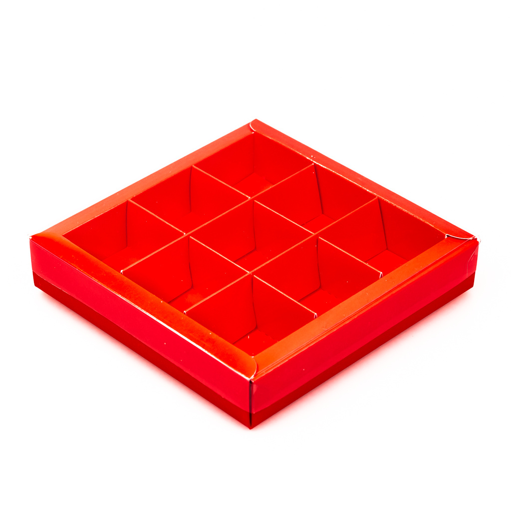 Rot Quadrat Klarsichtschachtel für 9 Pralinen - 115*115*25 mm - 48 Stück