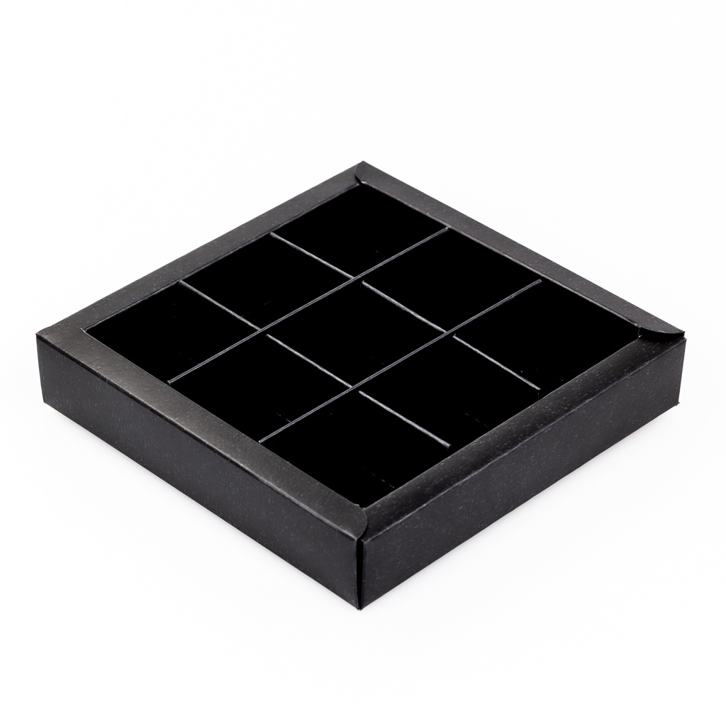 Black square window box with interior for 9 chocolates - 115*115*25mm - 40 pieces