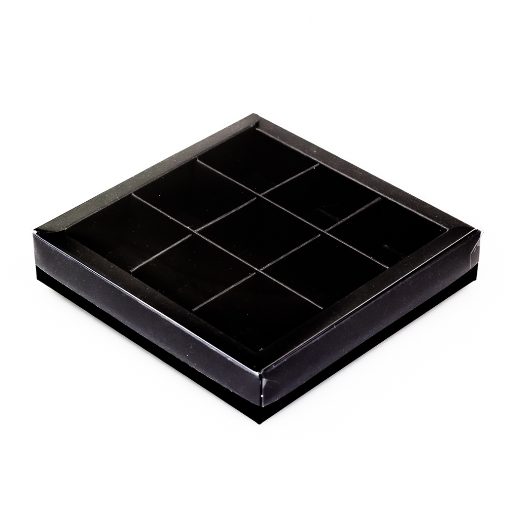 Black square window box with interior for 9 chocolates - 115*115*25mm - 40 pieces