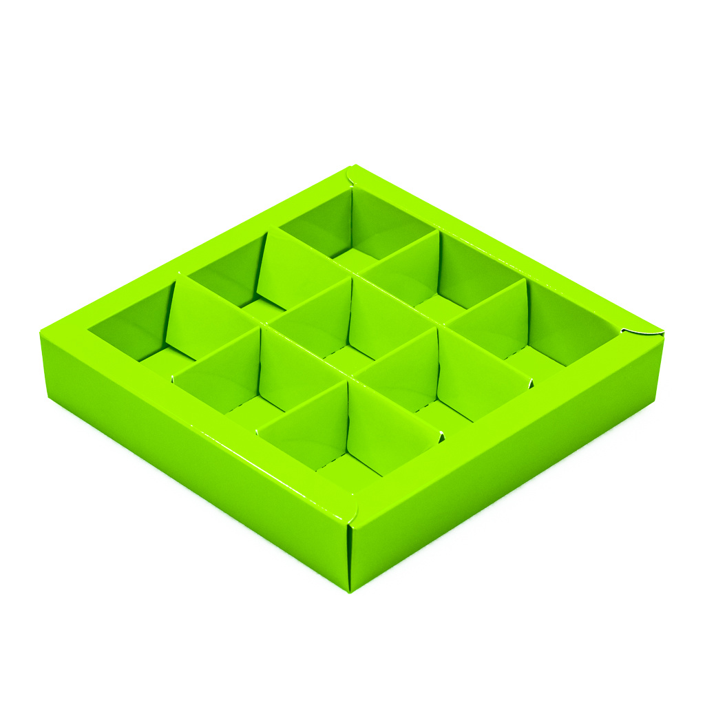 Grün Quadrat Klarsichtschachtel für 9 Pralinen - 115*115*25 mm - 40 Stück