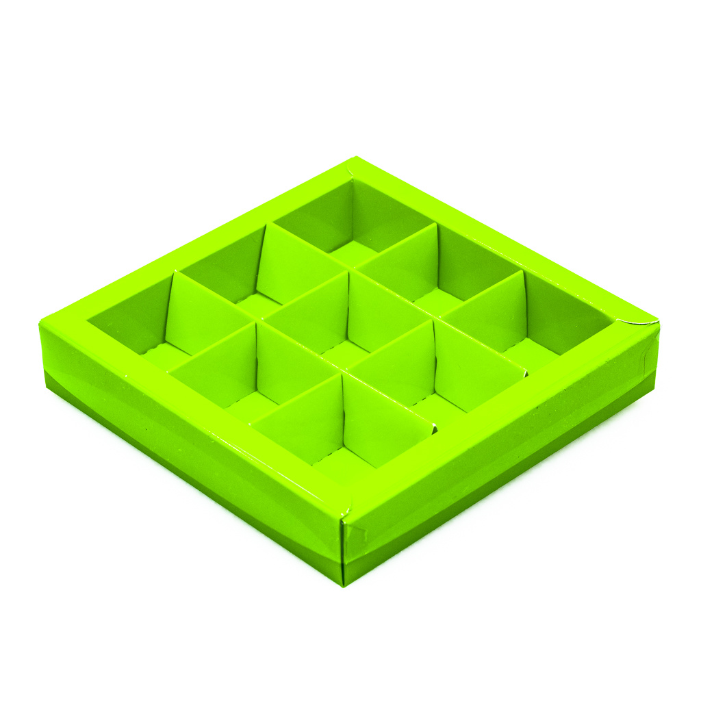 Vierkant doosje limoen met vakverdeling voor 9 bonbons - 115*115*25 mm - 40 stuks
