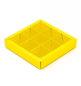 Yellow square window box with interior for 9 chocolates