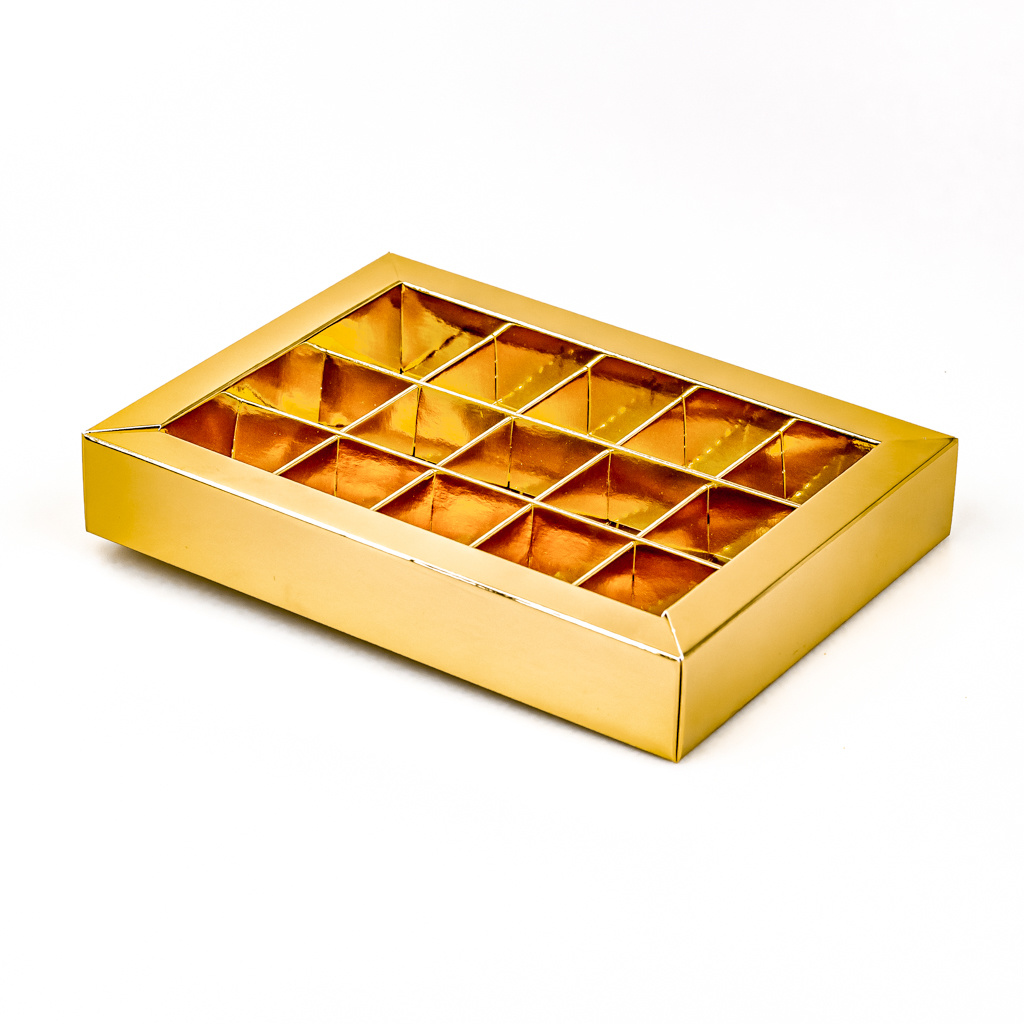 Gold  window box with interior for 15 chocolates - 175*120*33 mm - 50 pieces